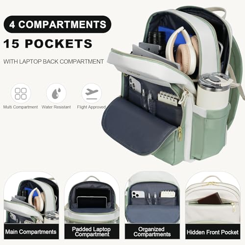 VANKEAN Laptop Backpack for Women with Pouch Pocket for Large Capacity Tumbler, 15.6 Inch Laptop Computer Bag Travel Backpack Purse,Waterproof Work Business Teacher Bags, Beige-Light Green