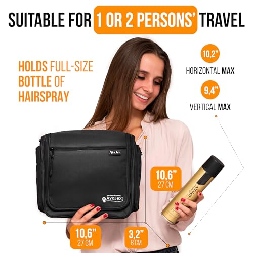 AvaJex Travel Toiletry Bag for Men - Large Dopp Kit (10.6"x10.6"x3.2") - Hanging Waterproof Mens Hygiene Organizer Bag with XXL Metal Swivel Hook, Sturdy Zippers and 19 Compartments for Toiletries