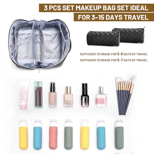 BOYATU Travel Makeup Bag Organizer: 3 Pcs Set Large Capacity Cosmetic Bags Holds 10–20 100ml Full-Size Bottles for 3–15 Day Trips - 180°Open-Flat Make up Case 3-sec touch-up - Toiletry Bag Gift women