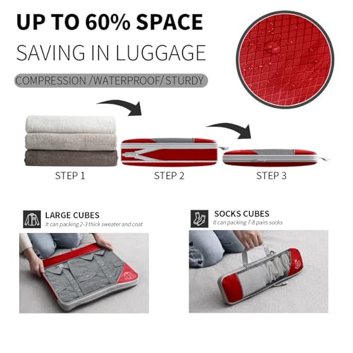 BTBAG 9-Set Packing Cubes with Hanging Bag | 9-Size Combination, Mesh Fabric & Reflective Stripe | Travel Luggage Organizers (Red)