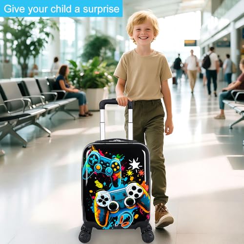 UFNDC Lightweight Hardshell Spinner Kids Suitcase Set 2PCS with Wheels - Airplane Approved Carry-On Luggage for Boys & Children Ages 3-10, Fun Game Rolling Suitcases for Elementary Toddler Travel