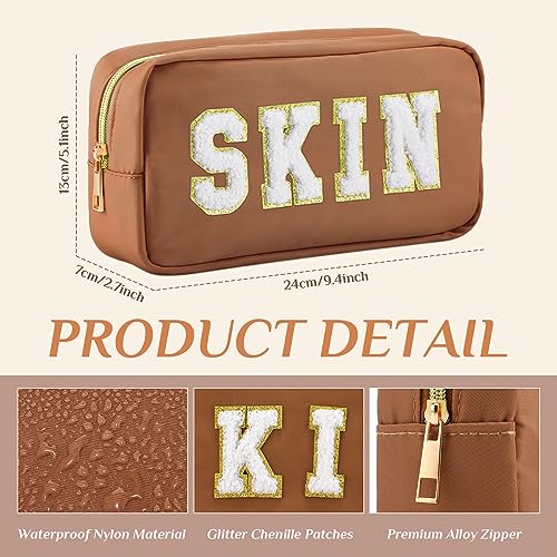 Cunno Preppy Makeup Bags Chenille Letter Stuff Bag Nylon Cosmetic Pouch Cases with Zipper for Women Travel Toiletry(Brown Set,Classic,4 Pcs)
