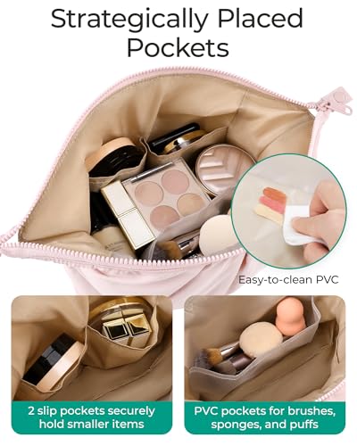 BAGSMART Makeup Bag Travel Makeup Bag, Cute Make Up Bag, Large Capacity Cosmetic Bags for Women, Wide-open Makeup Pouch Travel Essentials Toiletries Accessories Brushes (Camel)