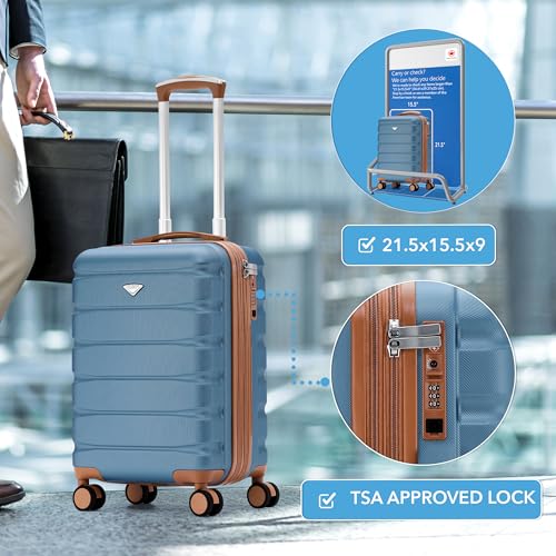 Flight Knight 21.5x15.5x9 Expandable Carry On Suitcase Hardside TSA Lock & USB C Port Lightweight Luggage Silent Double Spinner Wheels Maximum Canada Air Overhead Bag Airlines Approved Blue/Tan