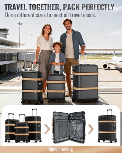 Joyway Durable Luggage Sets, 3 Piece PC+ABS Hardshell Suitcases with 2 Exterior Straps, Expandable 20 Inch & 24/28 Inch Travel Set with Spinner Wheels, TSA Lock, YKK Zipper, Black