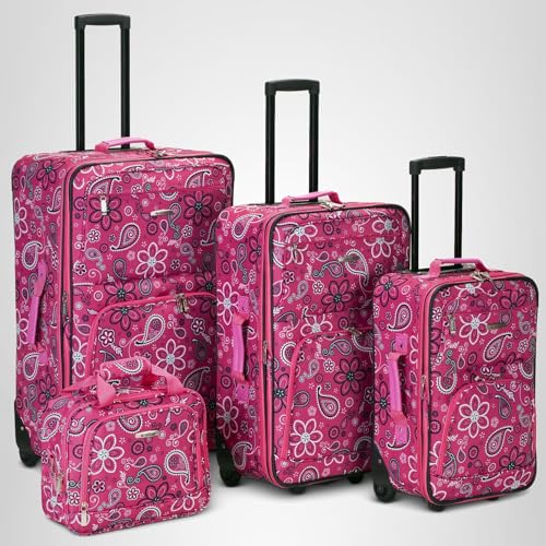 Rockland Fashion Softside Upright Luggage Set, Expandable, Wheel, Telescopic Handle, Pink Bandana, 2-Piece (14/19)