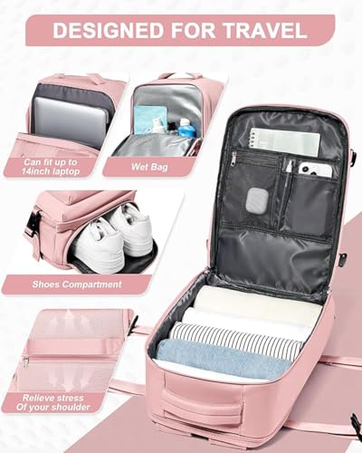 Farmer&Donkey Travel Backpack for Women Men, Waterproof Airlines Approved Carry On Backpack 15.6 Inch Laptop Backpack with USB Charging Port for Computer Bookbag for Business, School, Work (Pink)