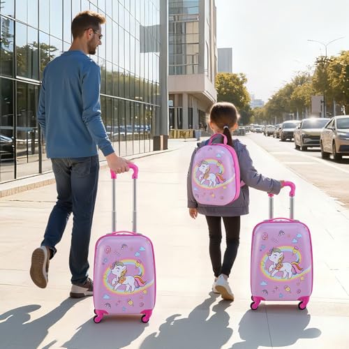 VEVOR Kids Luggage Set, 2 Piece, 18 Inch Hardside Rolling Wheels Suitcase with Hard-Shell Backpack, Unicorn Kids Carry on Luggage Set, Holiday Birthday Gift for Girls & Boys, Airline Approved