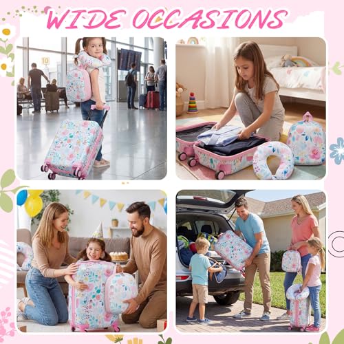 Sanwuta 4 Pcs Kids Luggage Set Carry On Rolling Suitcase Backpack Neck Pillow Travel Set Gift for Girls Boys Summer Camp(18 Inch,Flower Style,Pink Green)