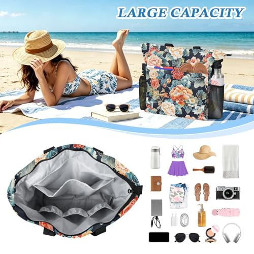 tplaotee Japanese Water Lily Bloom Sturdy travel tote bags for women with zipper bags for women tote for Travel Gym Vacation