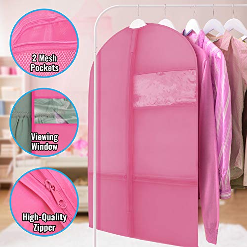 Plixio Garment Bags for Kids Dance Costumes with Transparent Window and Zippered Mesh Pockets for Shoes and Accessory Storage (3 Pack) (Pink: 36" x 23")
