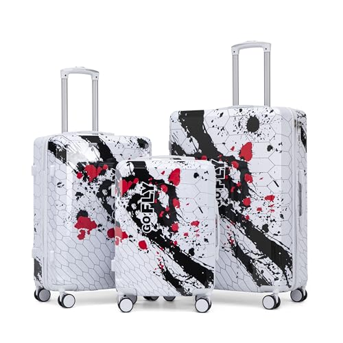Japovker 3 Piece Luggage Set, 20/24/28 Inch PC Hardshell Suitcases with Printed Pattern, Lightweight Carry On with TSA Lock, 360° Spinner Wheels, Checked Family Travel Luggage sets (Black)
