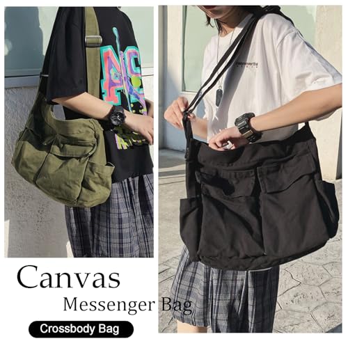 KlaOYer Canvas Messenger Bag Large Hobo Bag Crossbody Shoulder Bag Tote Bag with Pocket for Women and Men (Green)