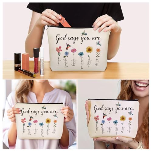 Girlly Christian Mom Gifts For Women, God Says You Are Scripture Makeup Bag, Inspirational Bible Verse Cosmetic Bag, Affirmations & Encouragement Gifts, Flower Bird Themd Pouch for Women Girls.