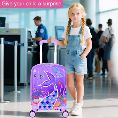 5-Piece Kids Luggage Set – Enchanting Hardshell Girls Suitcase with 360° Spinner Wheels, Lightweight Airline-Approved Carry-On (16") for Travel, Mermaid Purple