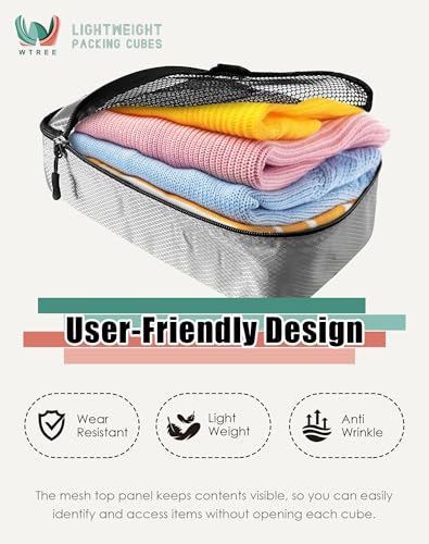 WTREE 4-Piece Packing Cubes Travel Accessories Set for Suitcases - Luggage Organizer Bags with Double Zipper - Mesh Top - Small/Medium/Large/Slim - Grey