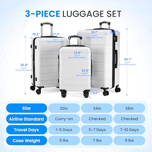 Simple Deluxe 20 Inch Hardside Carry On Luggage, Suitcase with Double Spinner Wheels & TSA Lock, Hard Shell Suitcase, Expandable Rolling Lightweight Luggage, White