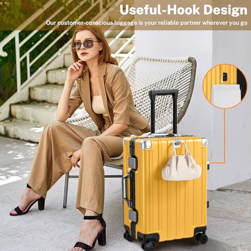Krute Zipperless Luggage 24 Inch Aluminum Frame Suitcase with Spinner Wheels PC+ABS Hardide Checked Luggage TSA Approved No Zipper Travel Suitcase Yellow