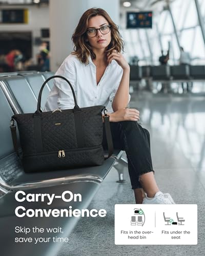 HOTOR Travel Duffel Bag - Weekender Bags for Women, Gym Tote Bags with Shoe Compartment, Carry On Overnight Bag with Toiletry Bag for Travel Essentials and Travel Accessories, Black, 13.4"×17.3"×7.9"