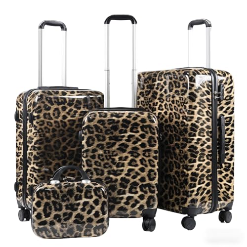 SLLUXEFF Luggage PC Hard-Shell Luggage Dual rotating wheels Leopard Print Luggage Set (4-Piece) (14in20in24in28in) Leopard Print Luggage (4) (Brown) (Brown)