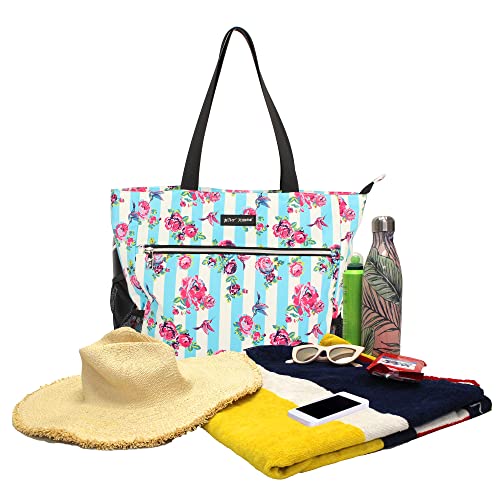 Betsey Johnson 15.6 Inch Zipper Beach Tote Bag Lightweight Large Durable Polyester with Mesh Side Pockets for Gym Work, Hummingbird Floral
