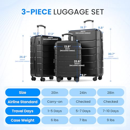 Simple Deluxe 28 Inch Expandable Hardside Carry On with Spinner Wheels & TSA Lock, ABS Hard Shell Lightweight Rolling Luggage Suitcase, Black
