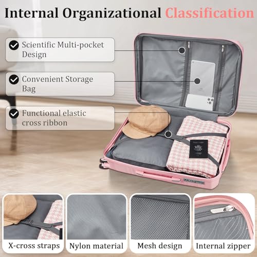TRAVELEO 4 Piece Luggage Set PP Hardshell, Expandable Suitcase Set (20/24/28) with 14" Cosmetic Case, Lightweight Spinner Wheels with TSA Lock, Detachable Wheels for Nesting Storage (Pink)