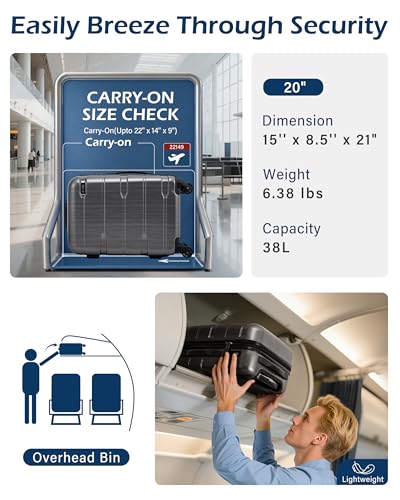 Coolife Carry On Luggage 22x14x9 Airline Approved Hardside PC+ABS Suitcase with TSA Lock, Lightweight Rolling Travel Luggage with Spinner Wheels(Charcoal, 20in)