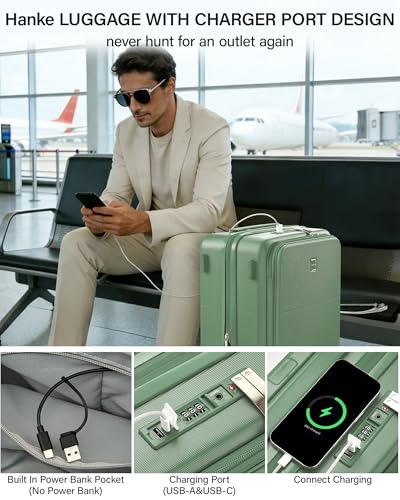 Hanke 20 Inch Expandable Carry On Luggage with Cup Holder 22x14x9 Airline Approved, Top Opening Hard Shell Suitcases with Wheels, Carry-On Travel Suitcase Trunk Luggage with Lock, Forest Green