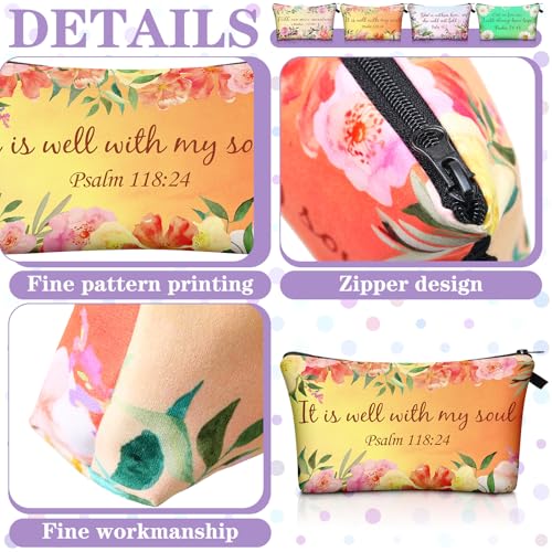 Chunful 12 Pcs Inspirational Christian Gifts Religious Makeup Bags Bulk for Women Bible Verse Flower Cosmetic Bag Gift for Church Ladies, 7.48 x 4.72 Inch(Stylish)
