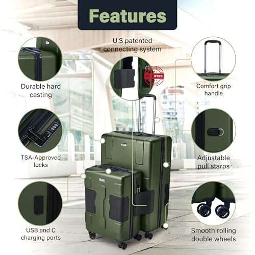 TACH Patented Connecting Hard Shell 2 Piece Luggage Set - 20 & 28 inch Luggage | Large & Carry-On Rolling Suitcases - Forest Green