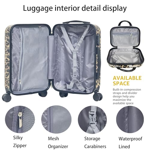 SLLUXEFF Luggage PC Hard-Shell Luggage Dual rotating wheels Leopard Print Luggage Set (4-Piece) (14in20in24in28in) Leopard Print Luggage (4) (Brown) (Brown)