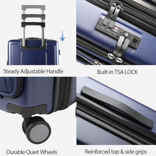 KROSER Hardside Expandable Carry On Luggage 22x14x9 Airline Approved With Front Business Pockets, 20 Inch Suitcases with Wheels, Carry on Suitcase with TSA Lock & USB Port, Navy