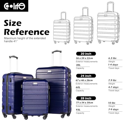 Coolife Luggage 3 Piece Set, Lightweight Durable Hardshell Suitcase set with 360° Spinner Wheels, TSA-approved Lock, Checked Family Travel Luggage sets, 20/24/28 Inch, Navy