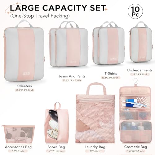10 Set Compression Packing Cubes for Travel Gifts Mom Women,OlarHike Luggage Clothes Garment Bags for Travelers,Airplane/Cruise/Car Travel Essentials,Compressible Expandable Saver Space Bags(Beige)