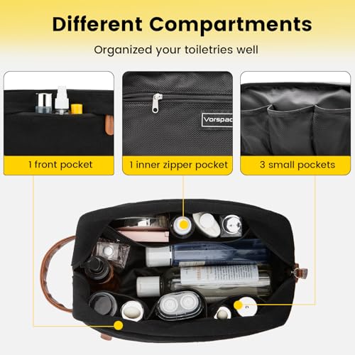 Vorspack Travel Toiletry Bag - Hanging Toiletry Bag for Men Water Resistant Canvas Shaving Bag with Large Capacity for Travel - Black