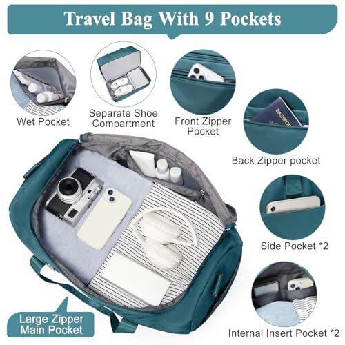 Travel Duffel Bag for Women, Carry-on Overnight Weekender Bags with Wet Pocket, For Spirit Airlines 18x14x8 Personal Item Bag,Small,Peacock Blue