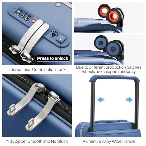 mixi Carry On Luggage Wide Handle Luxury Design Rolling Travel Suitcase PC Hardside with Aluminum Frame Hollow Spinner Wheels, with Cover, 20 inch, Sapphire Blue