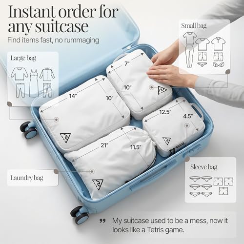 Well Traveled 8 pcs Compression Packing Bags Cubes Set with HybridMax Double-Capacity Design - Packing Cubes for Travel Compression to Maximize Limited Luggage Space, White