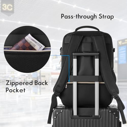 MOMUVO Large Travel Backpack Women, Flight Approved Carry On Backpack, Water Resistant Anti-Theft Casual Daypack School Bag Fit 17 Inch Laptop with USB Charging Port, Black