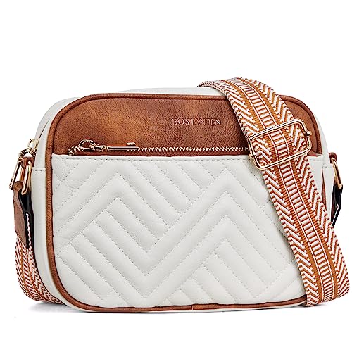 BOSTANTEN Quilted Crossbody Bags for Women Vegan Leather Purses Small Shoulder Handbags with Wide Strap Beige with Brown