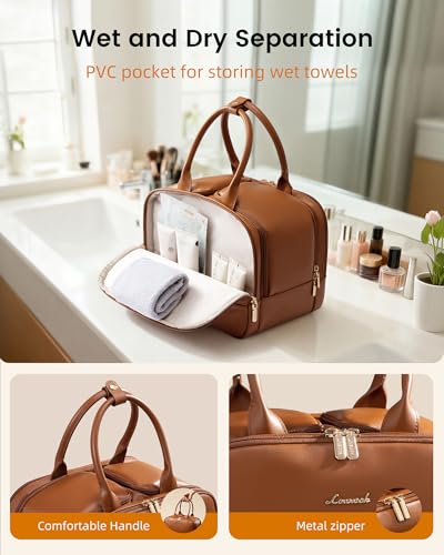 LOVEVOOK Travel Toiletry Bag for women, Leather Large Wide-open Makeup Bag, Waterproof Cosmetic Bag Organizer for Shower, Traveling, Toiletries, Bathroom