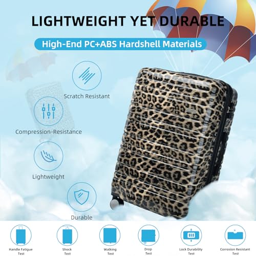 LARVENDER Luggage Sets 3 Piece, Hardside 20 IN Carry on Luggage Airline Approved PC+ABS Suitcase Set with Spinner Wheels TSA Lock, Lightweight Rolling Suitcase for Men and Women, Cheetah Print