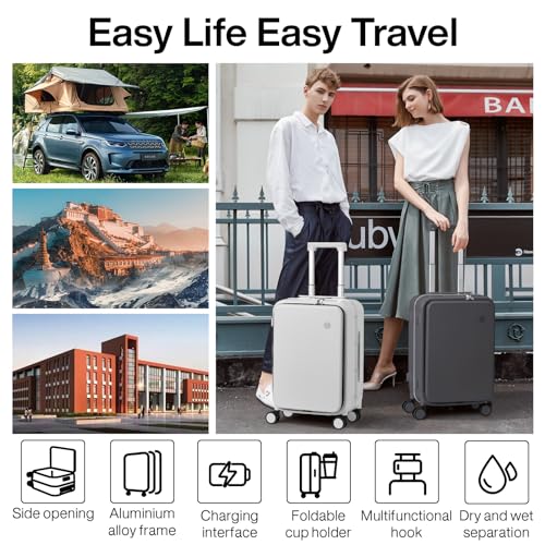 mixi Large Checked Luggage with Cup Phone Holder and Charger Hard Shell Suitcases with Spinner Wheels, 26 Inch Smoke White