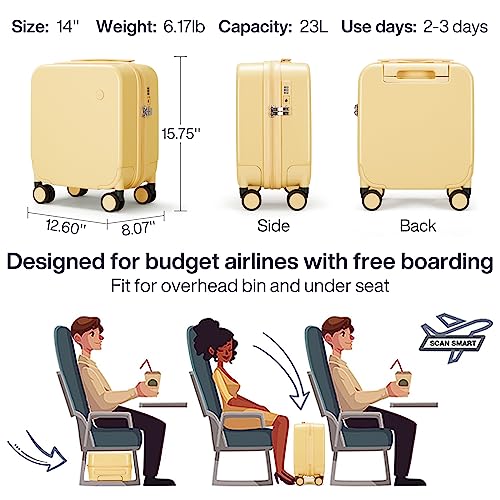 mixi 14 Inch Underseat Luggage Carry on Suitcase Free Boarding Personal Item Suitcases with Spinner Wheels Hardshell Lightweight PC for Short Travel, Lark Yellow