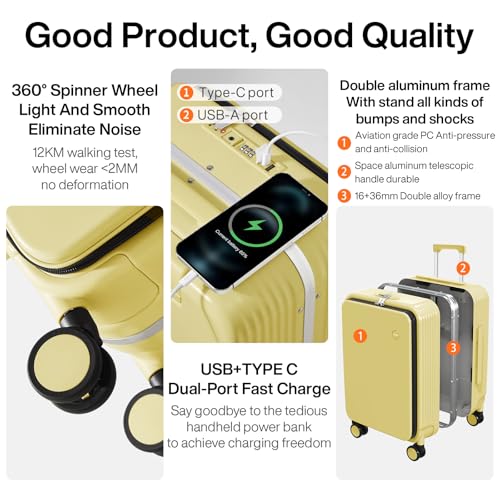 mixi Carry On Luggage with Cup Phone Holder and Charger Hard Shell Suitcases with Spinner Wheels,20 Inch Lark Yellow