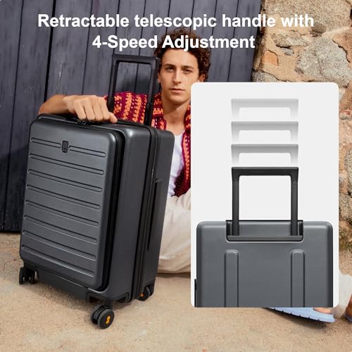 LEVEL8 Road Runner Carry On Luggage with Front Compartment, 20 Inch Lightweight Hard Shell Suitcases with Wheels Airline Approved, Tsa Locks for Luggage, Grey,21.46" x 14.57" x 9.45"