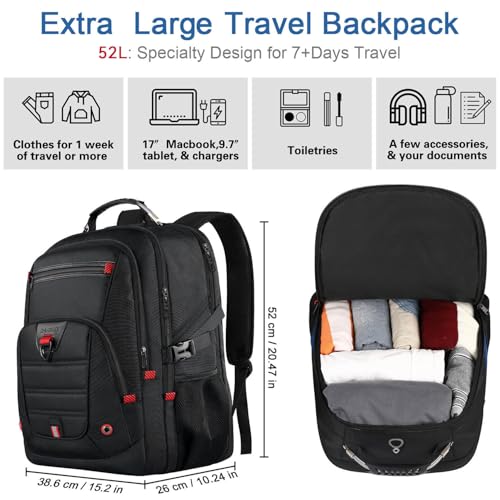 LifetimeWarranty Extra Large Travel Backpack With 52L Capacity, Long-Term Durability TSA Backpack,Anti-Theft 17.3" Big Business Laptop Backpack for Men&Women,Water Resistant College Rucksack Bag Black