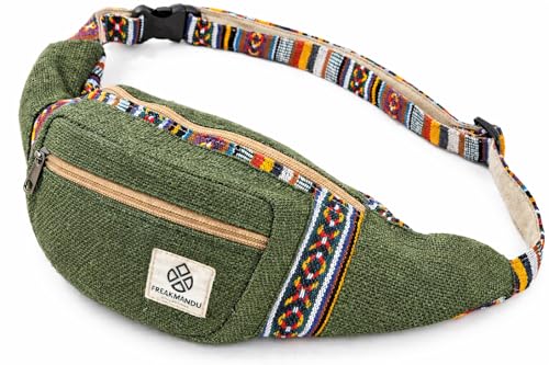 Freakmandu Eco-Friendly Green Boho Hippie Style Hemp Fanny Pack Cross Body Hip Waist Bag for Hiking Running Jogging (Safari)