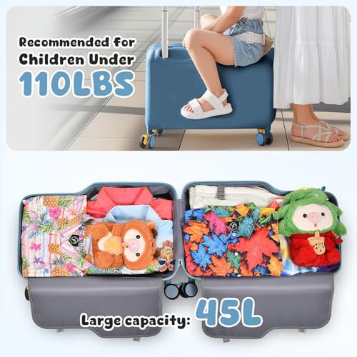 20" Ride on Suitcase for Kids, Carry On Luggage with Kid Seat, Foldable Handlebars Pedals and Removable Wheels Holds up to 110 lbs Luggage Travel Rolling Suitcases for Boys Girls (Blue)